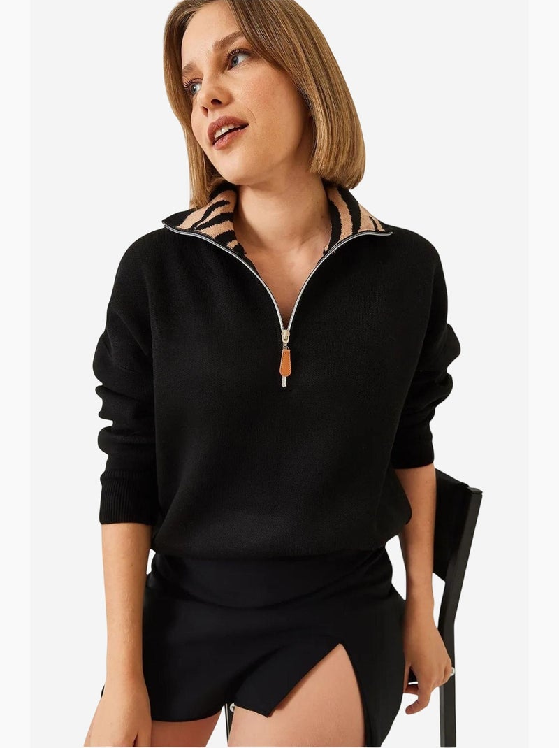 Pull zippé en maille avec col léopard lucci Noir - Kiabi