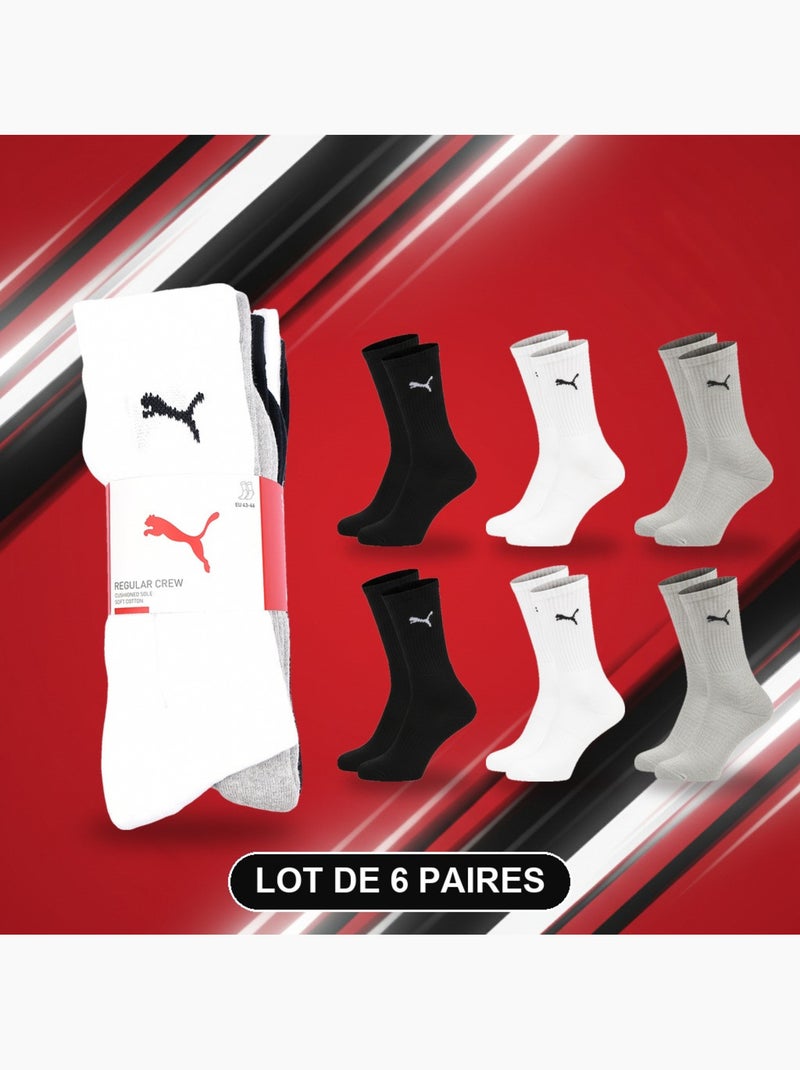 Puma chaussettes mixte crew pack 6 paires (lot) - coton doux, talon cousu Blanc Gris Noir - Kiabi