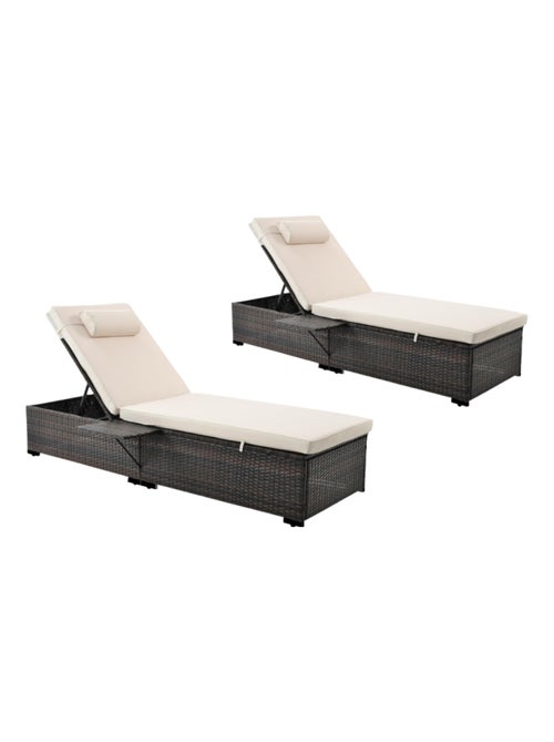 PUNTA CANA - Lot de 2 transats coussins beiges en résine tressée avec tablette latérale - Kiabi