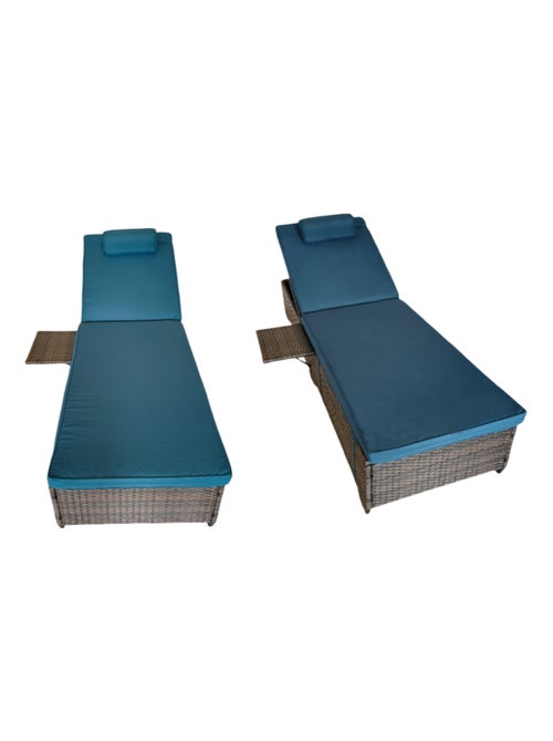 PUNTA CANA - Lot de 2 transats coussins bleus foncé en résine tressée avec tablette latérale - Kiabi