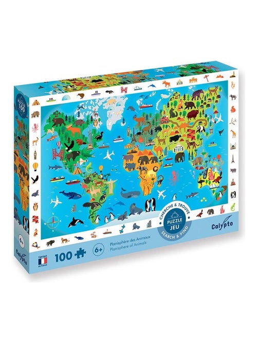 Puzzle 100 pièces : Cherche et Trouve : Planisphère des animaux - Kiabi