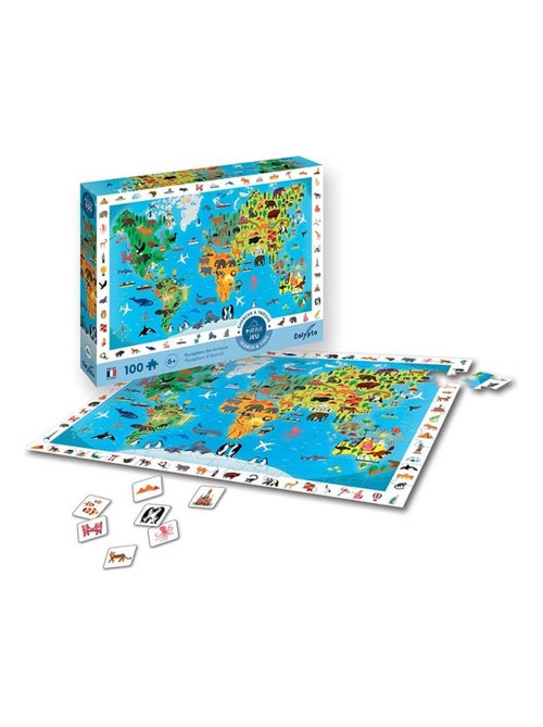 Puzzle 100 pièces : Cherche et Trouve : Planisphère des animaux - Kiabi