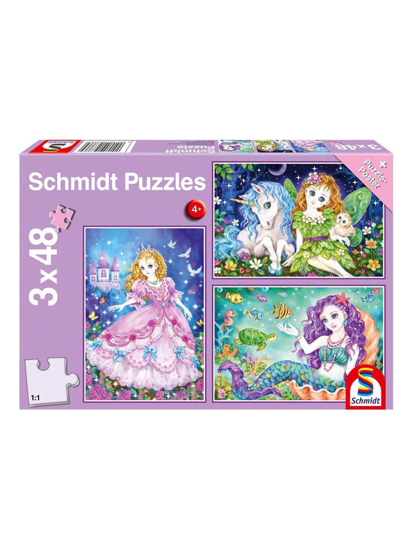 Puzzle 3 x 48 pièces : Princesse, fée et sirène N/A - Kiabi