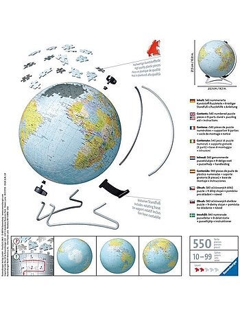 Puzzle 3d globe 540 pièces - ravensburger - éducatif pour enfants - sans colle - dès 12 ans