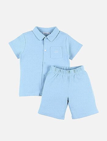 Pyjama 2 pièces avec col chemise en jersey gaufré, - Kiabi