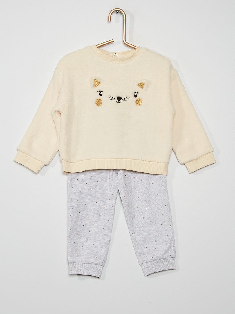 Pyjama 2 pièces 'chat' en polaire et jersey écru/gris - Kiabi