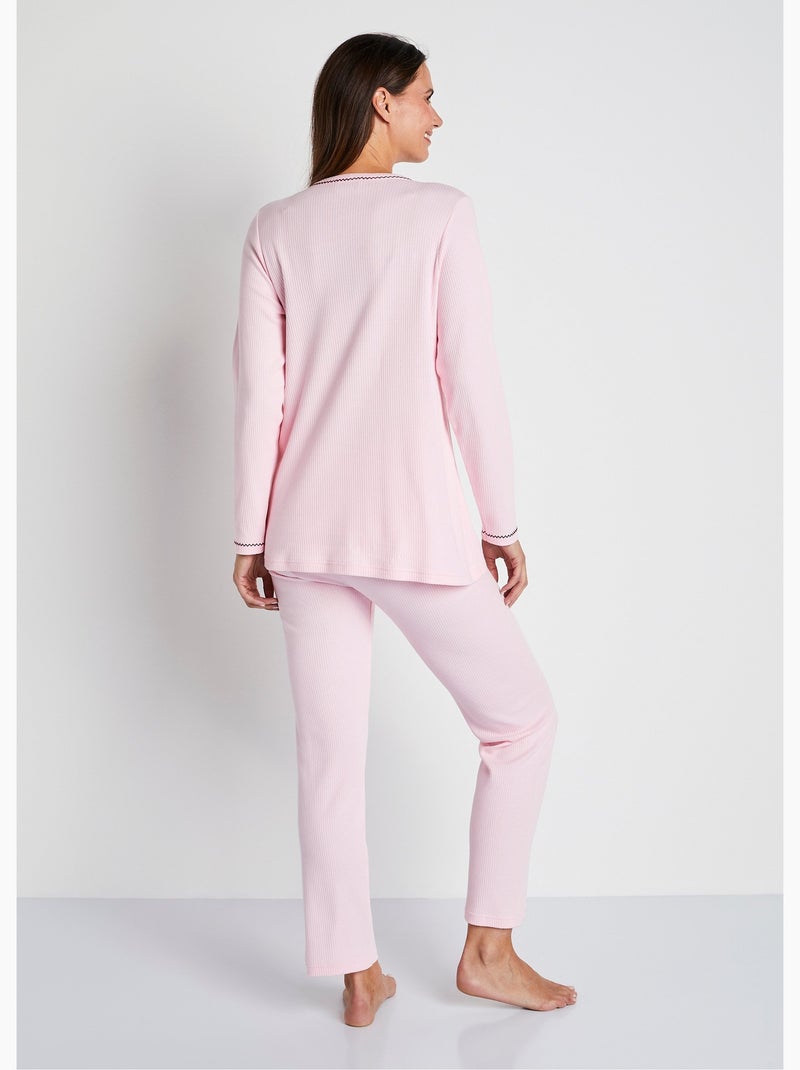 Pyjama 2 pièces coton, broderie poitrine - Afibel Rose - Kiabi
