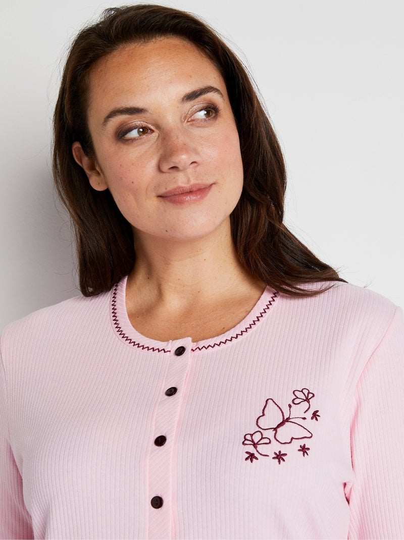 Pyjama 2 pièces coton, broderie poitrine - Afibel Rose - Kiabi