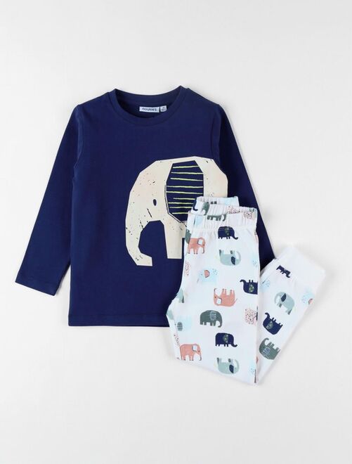 Pyjama 2 pièces éléphants en jersey, indigo/écru - Noukie's - Kiabi