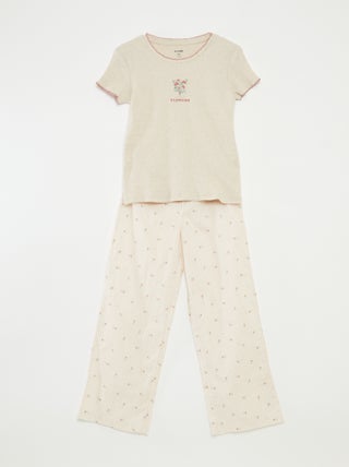 Pyjama 2 pièces en coton t-shirt côtelé + pantalon en popeline - 2 pièces