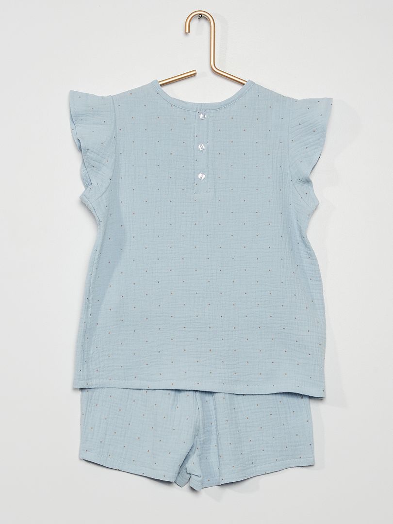 Pyjama 2 pièces en tissu double gaze de coton bleu - Kiabi