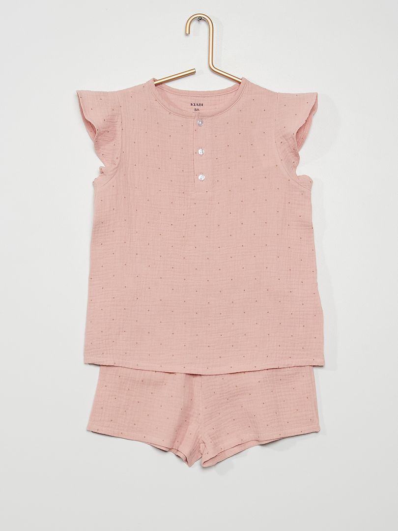 Pyjama 2 pièces en tissu double gaze de coton rose - Kiabi