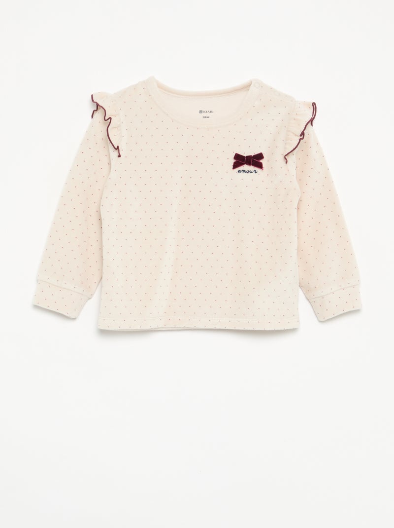 Pyjama 2 pièces en velours - Sweat avec volants aux emmanchures + pantalon Beige - Kiabi