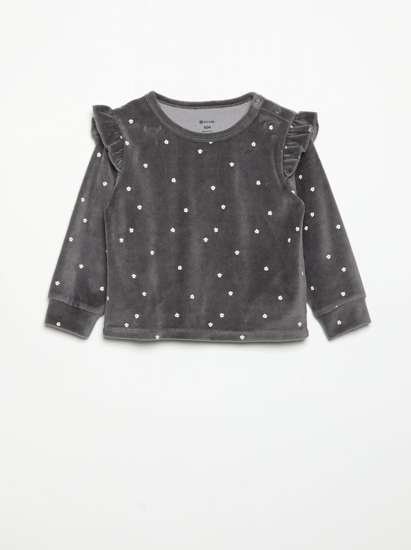 Pyjama 2 pièces en velours - Sweat avec volants aux emmanchures + pantalon Noir - Kiabi