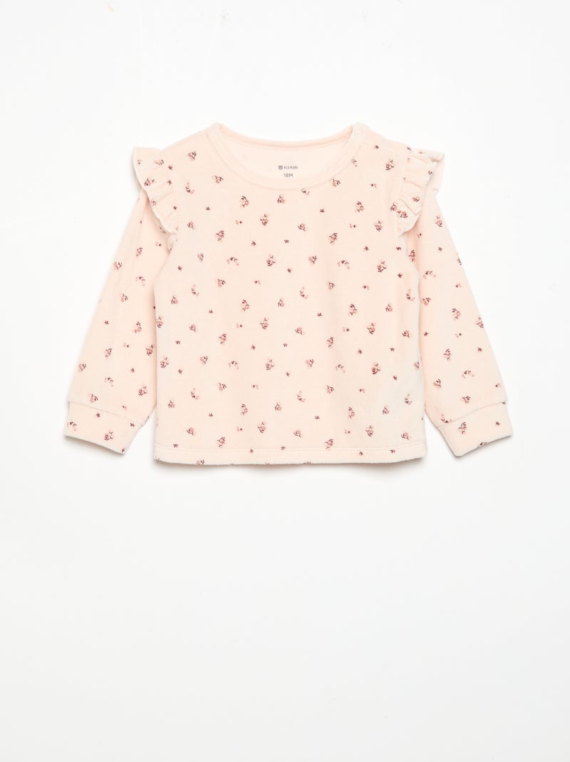 Pyjama 2 pièces en velours - Sweat avec volants aux emmanchures + pantalon Rose - Kiabi