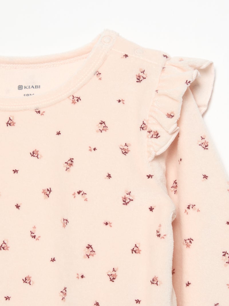 Pyjama 2 pièces en velours - Sweat avec volants aux emmanchures + pantalon Rose - Kiabi