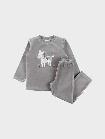 Pyjama 2 pièces en velours kaki avec broderie zèbre Noukie's