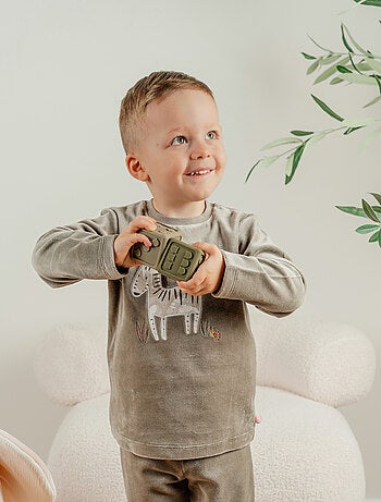 Pyjama 2 pièces en velours kaki avec broderie zèbre Noukie's