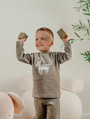 Pyjama 2 pièces en velours kaki avec broderie zèbre Noukie's