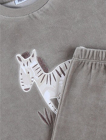 Pyjama 2 pièces en velours kaki avec broderie zèbre Noukie's