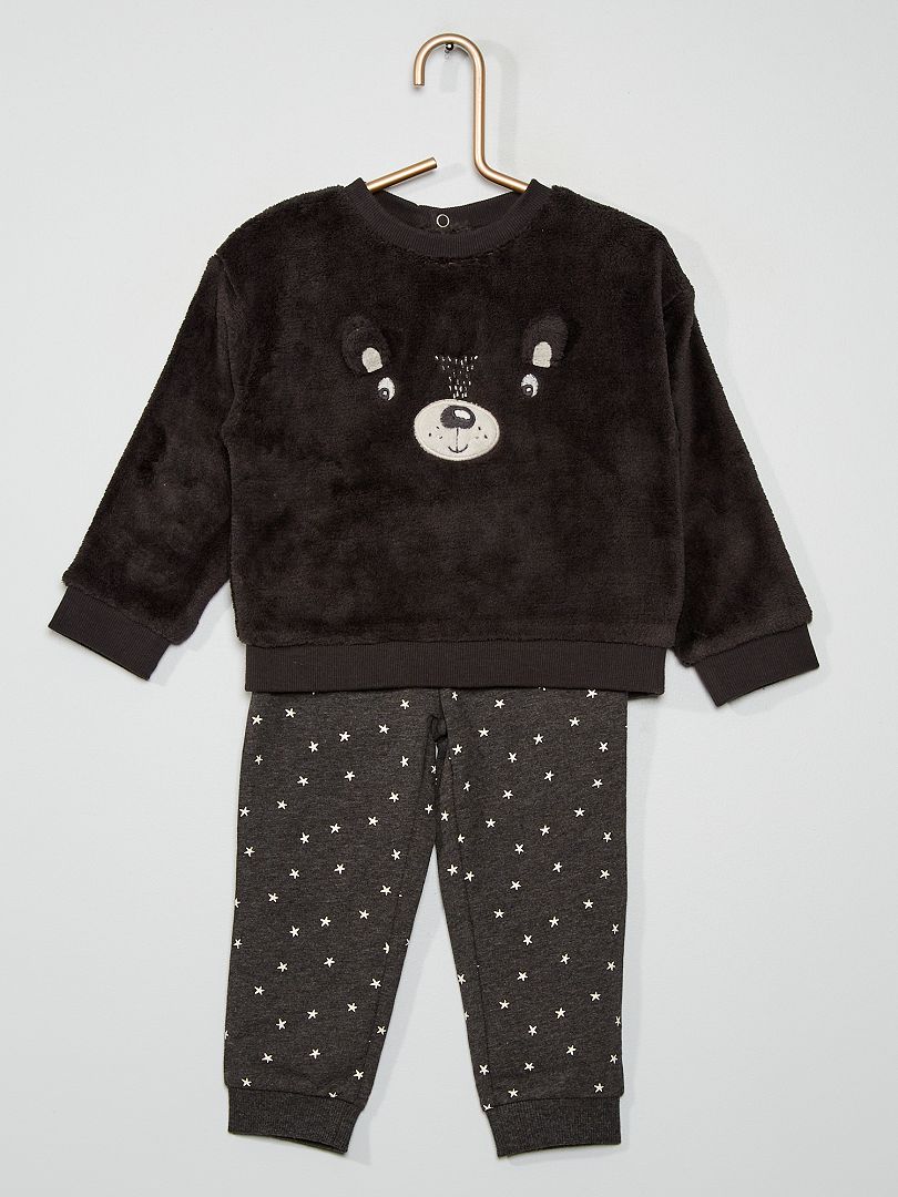 Pyjama 2 pièces 'ours' en polaire et jersey anthracite - Kiabi