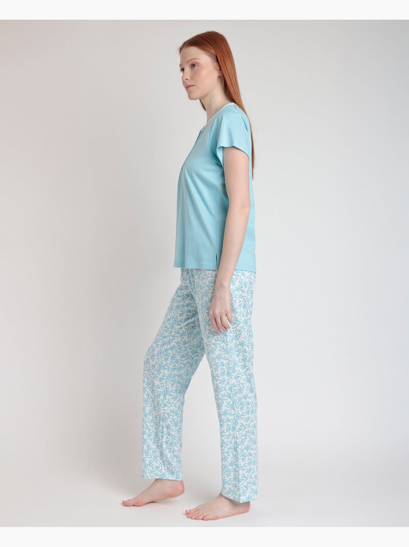 Pyjama à manches courtes ADMAS CLASSIC pour femme, motif feuilles printanières Bleu - Kiabi