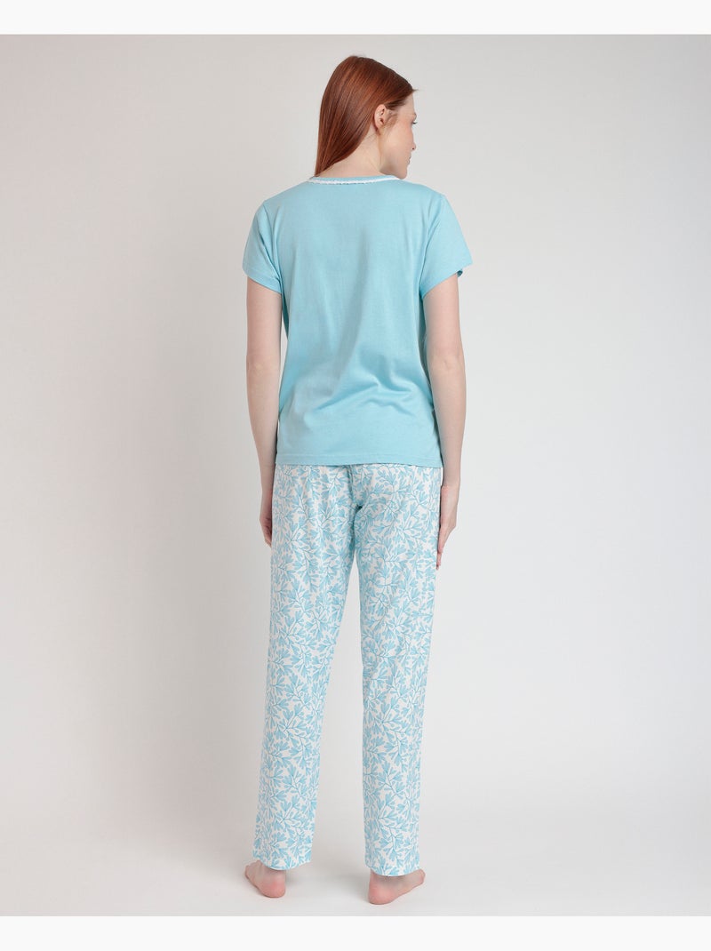 Pyjama à manches courtes ADMAS CLASSIC pour femme, motif feuilles printanières Bleu - Kiabi