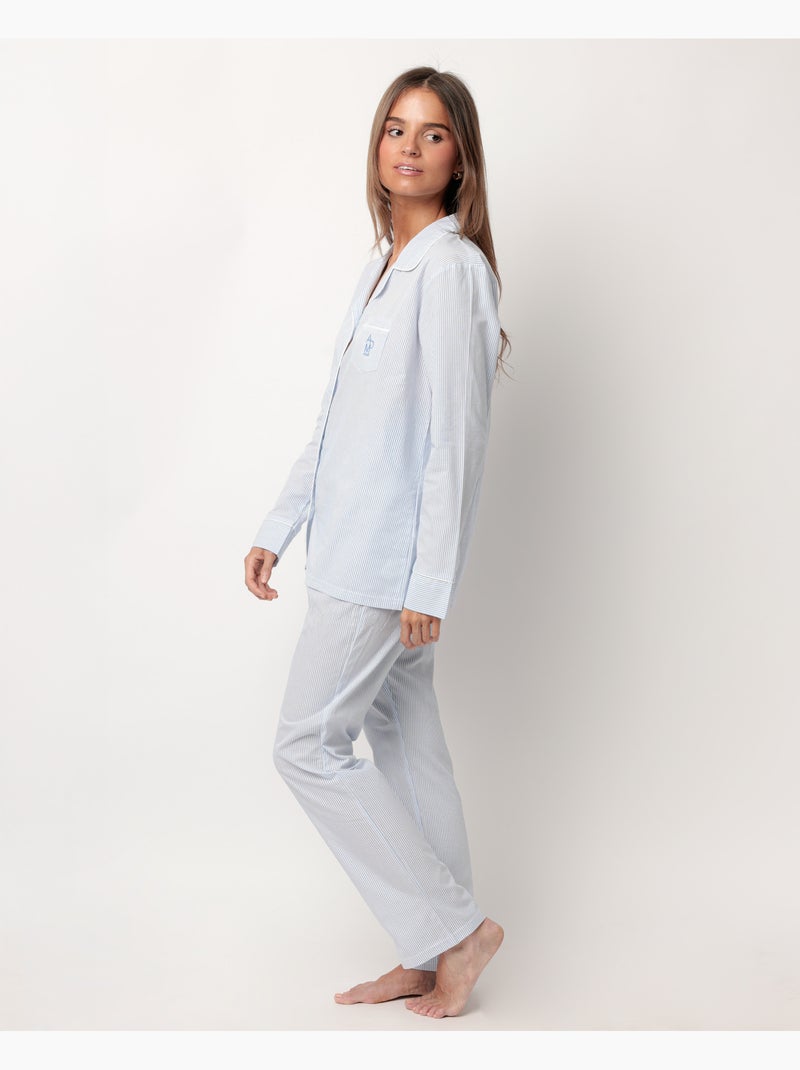 Pyjama à manches longues en popeline ouverte à rayures pour femme ADMAS HOME Bleu - Kiabi