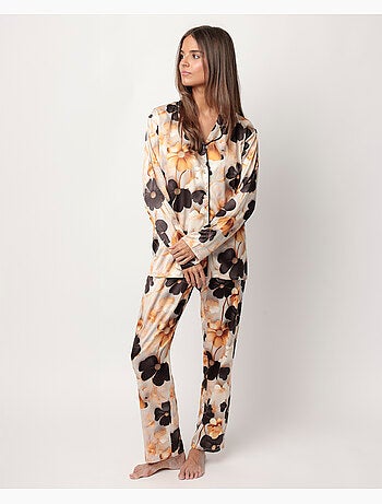 Pyjama à manches longues en satin dos ouvert pour femme ADMAS LUXURY Fleurs de luxe