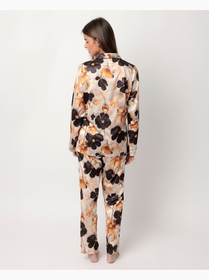 Pyjama à manches longues en satin dos ouvert pour femme ADMAS LUXURY Fleurs de luxe Or - Kiabi