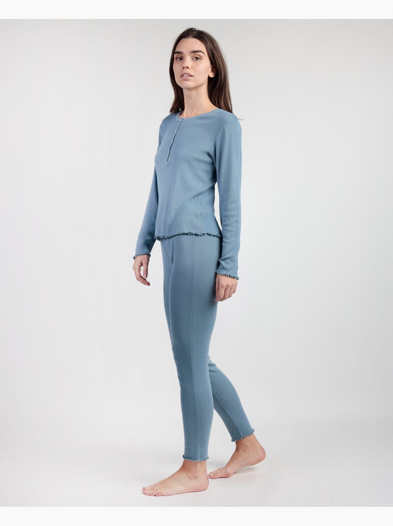 Pyjama à manches longues et patte de boutonnage côtelée douce pour femme ADMAS HOME Bleu - Kiabi