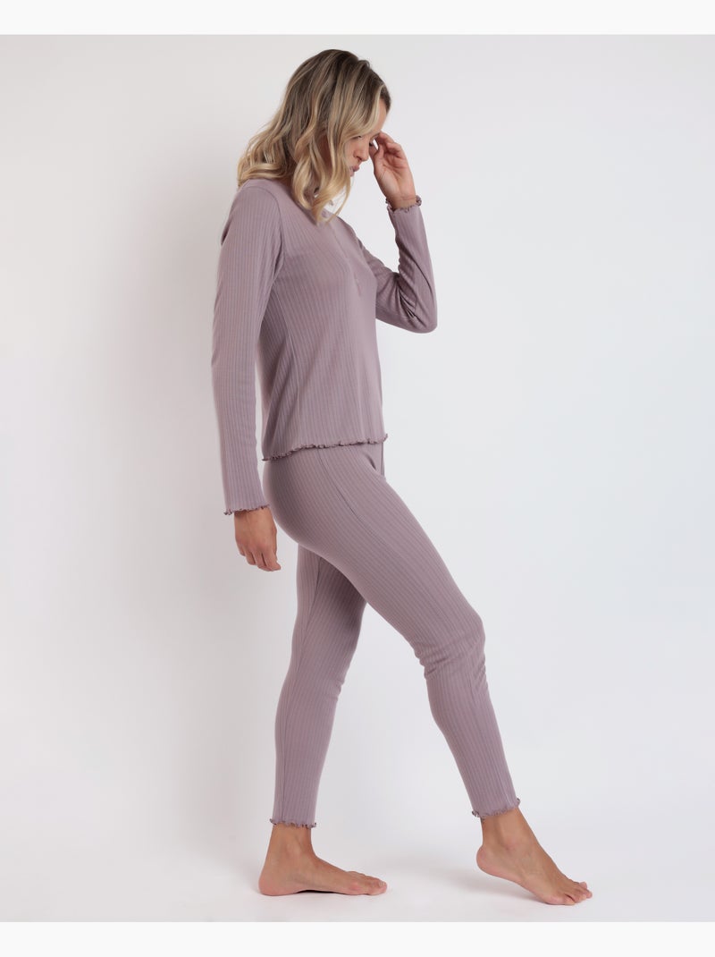 Pyjama à manches longues et patte de boutonnage côtelée douce pour femme ADMAS HOME Violet aubergine - Kiabi