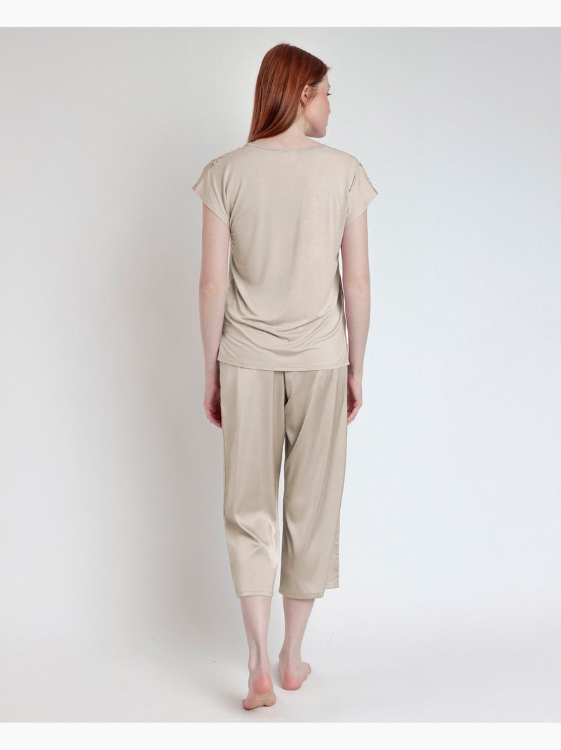Pyjama à manches tombantes en satin et guipure pour femme ADMAS CLASSIC Champagne - Kiabi