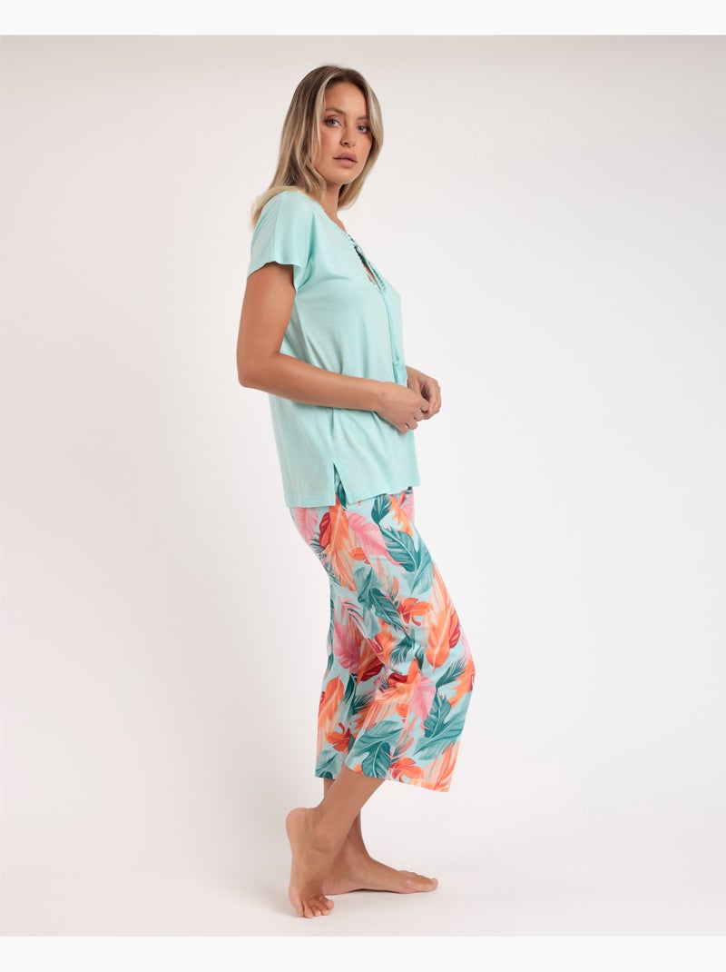 Pyjama à manches tombantes pour femme ADMAS GARDEN, motif feuilles colorées Bleu - Kiabi