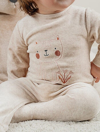 Pyjama bébé en velours brodé chat beige Noukie's