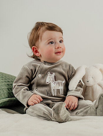 Pyjama bébé en velours kaki avec broderie zèbre Noukie's
