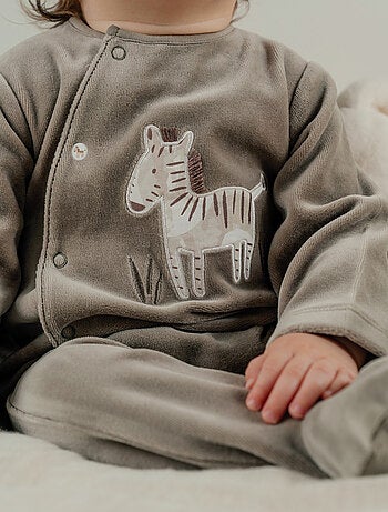 Pyjama bébé en velours kaki avec broderie zèbre Noukie's