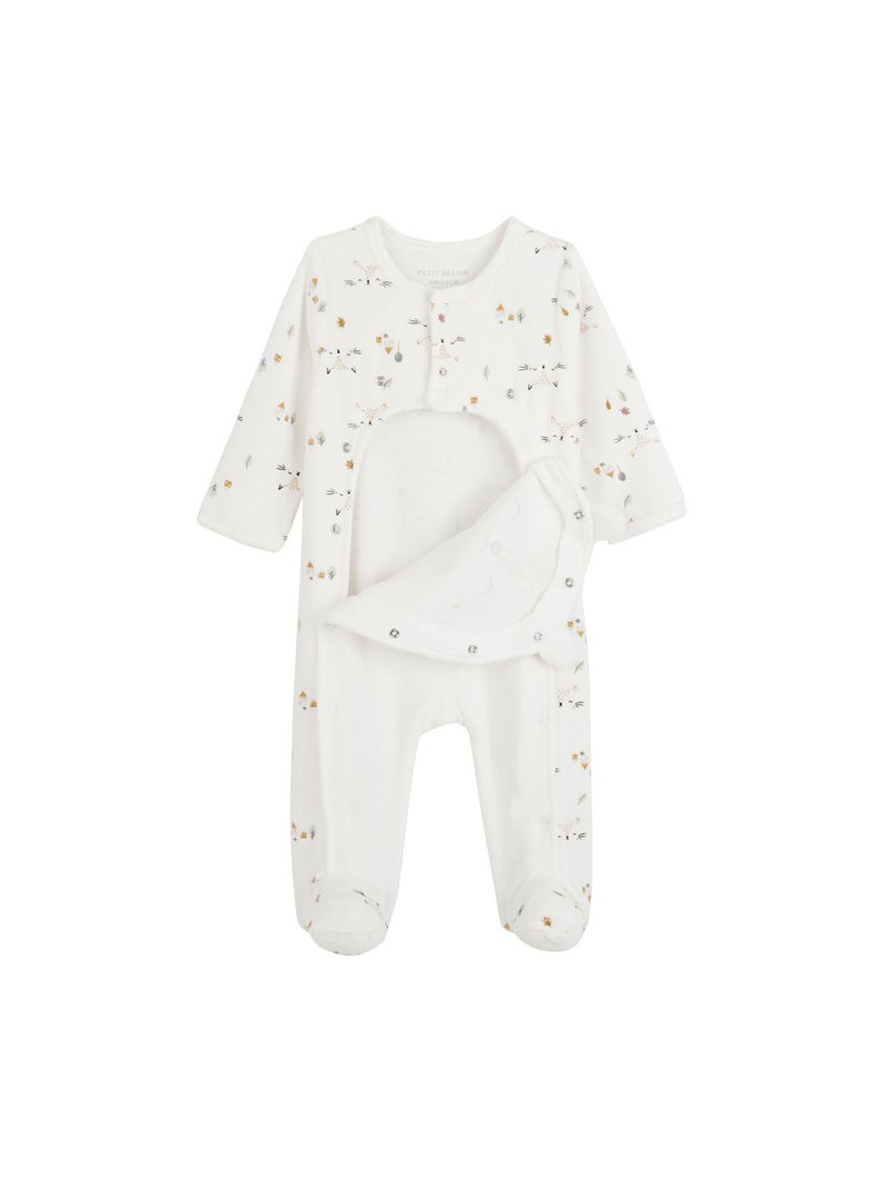 Pyjama bébé en velours ouverture pont Bisous Ecru - Kiabi