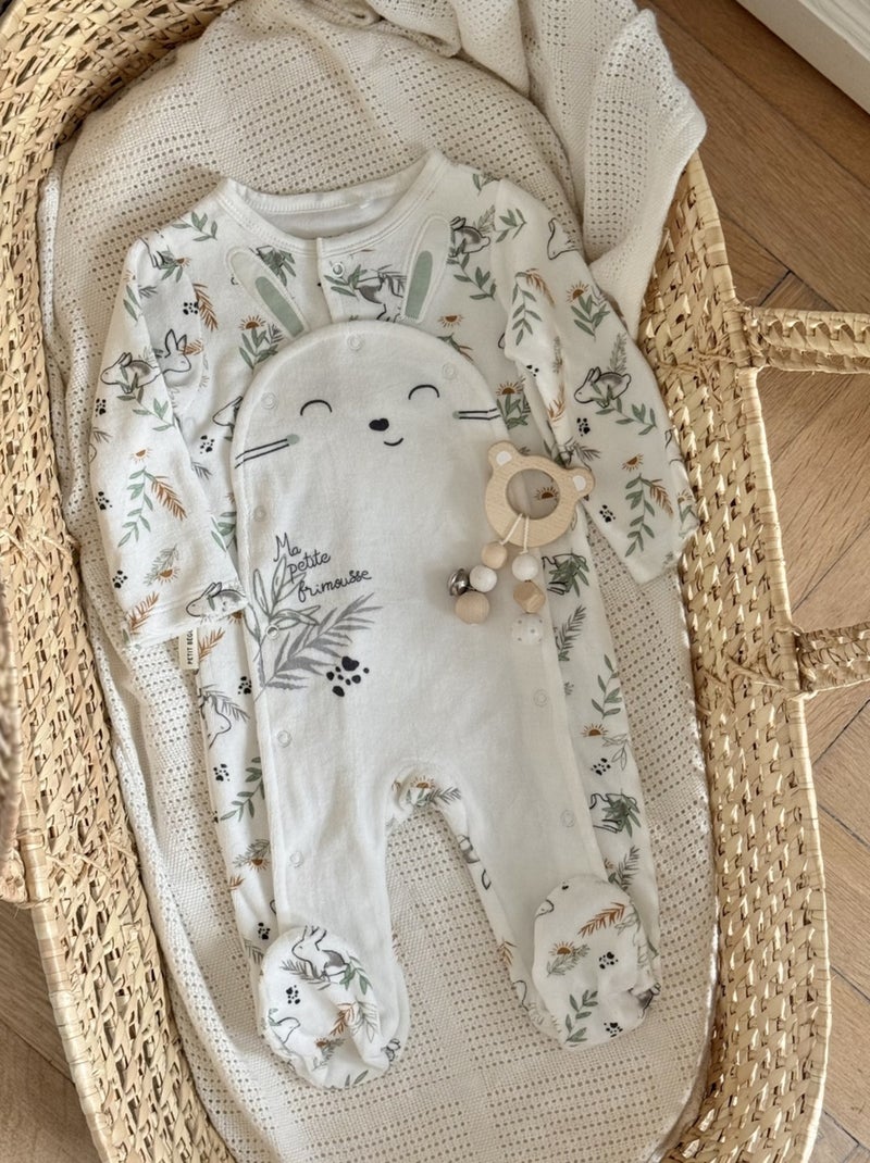 Pyjama bébé en velours ouverture pont Frimousse Ecru - Kiabi