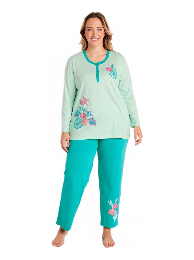 Pyjama boutonné coton motif exotique Vert - Kiabi