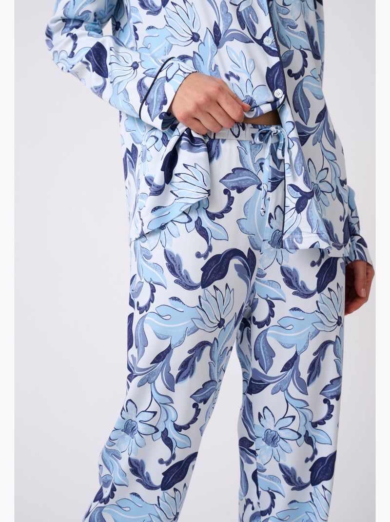 Pyjama boutonné tissu satiné - Damart Bleu - Kiabi