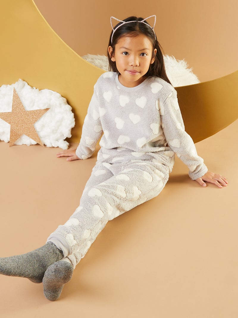 Pyjama chaud imprimé coeur - 2 pièces Gris/blanc - Kiabi