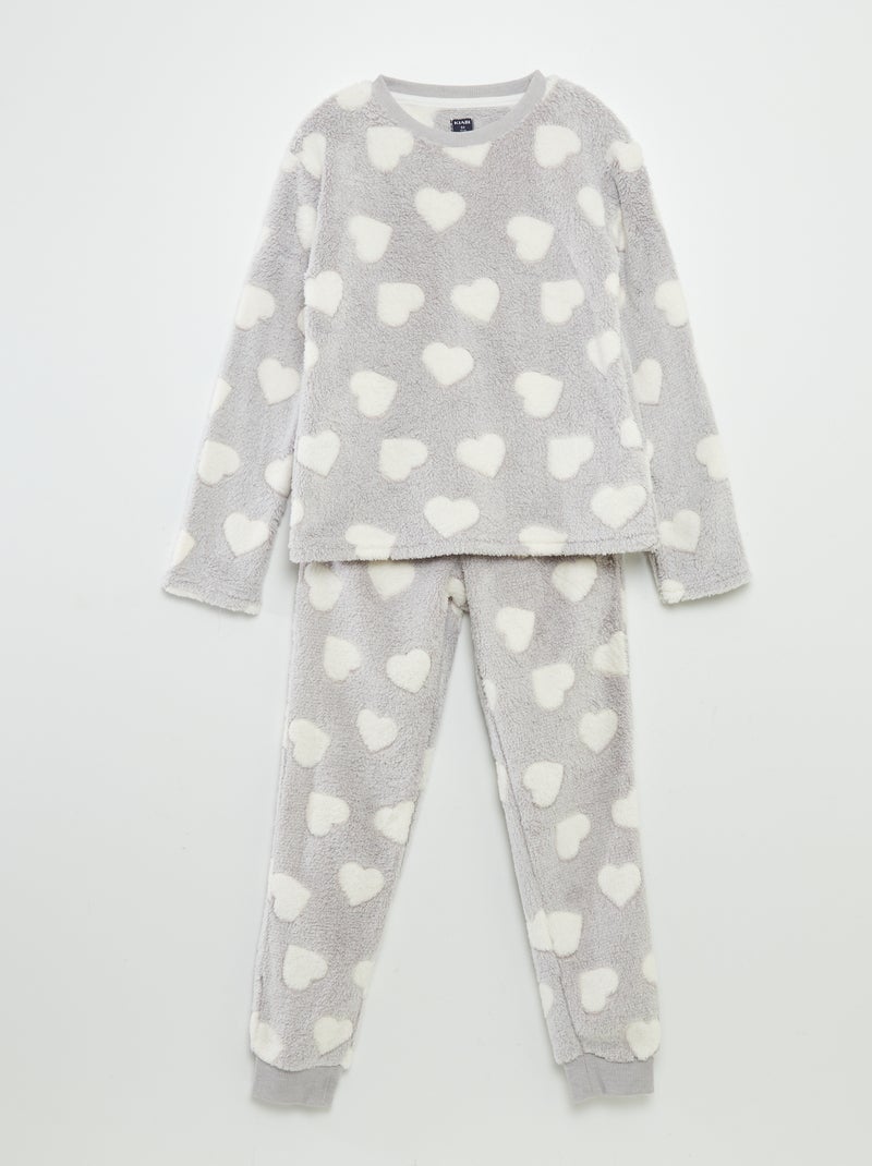 Pyjama chaud imprimé coeur - 2 pièces Gris/blanc - Kiabi