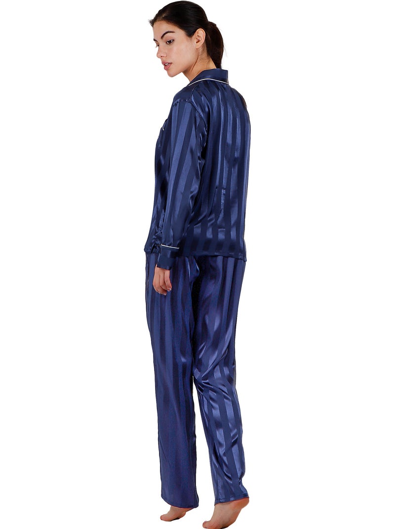 Pyjama chemise et pantalon Satin Stripes Bleu marine - Kiabi
