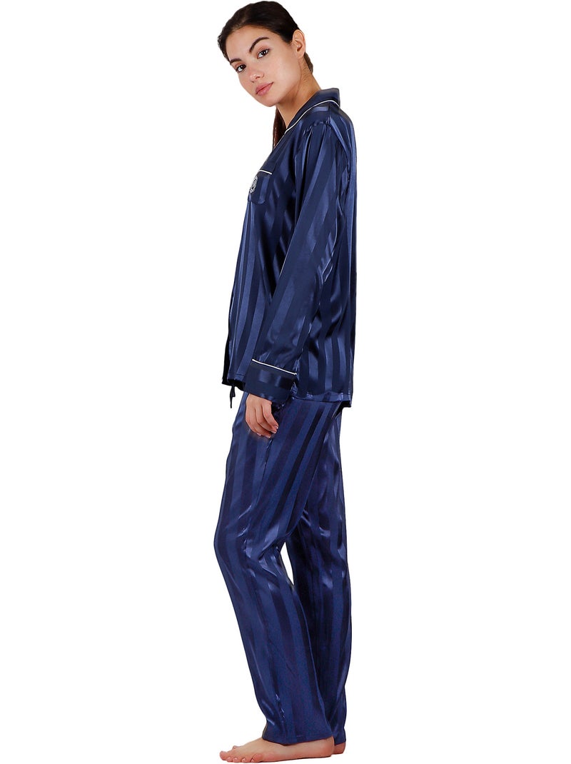Pyjama chemise et pantalon Satin Stripes Bleu marine - Kiabi