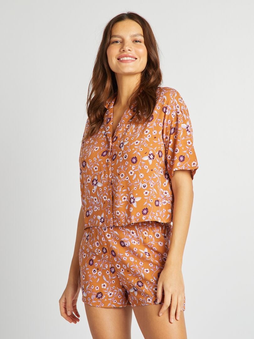 Pyjama chemisier + short - imprimé fleuri Marron - Kiabi