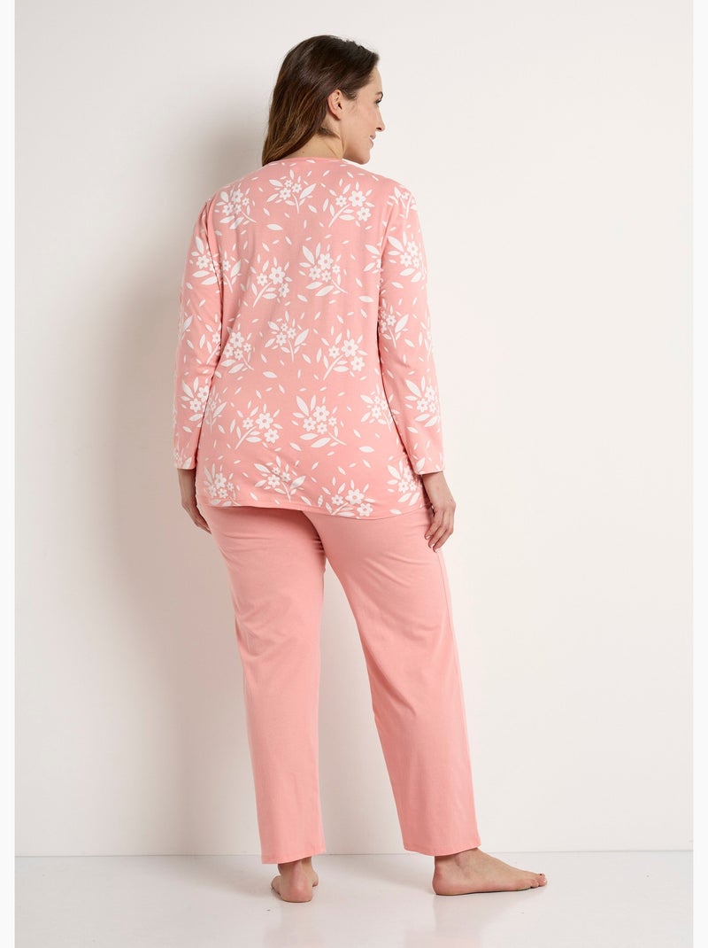 Pyjama col V boutonné coton manches longues - Afibel Corail - Kiabi