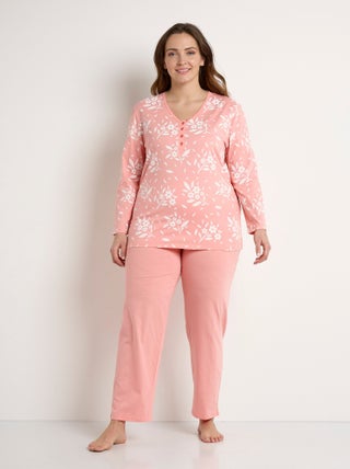Pyjama col V boutonné coton manches longues