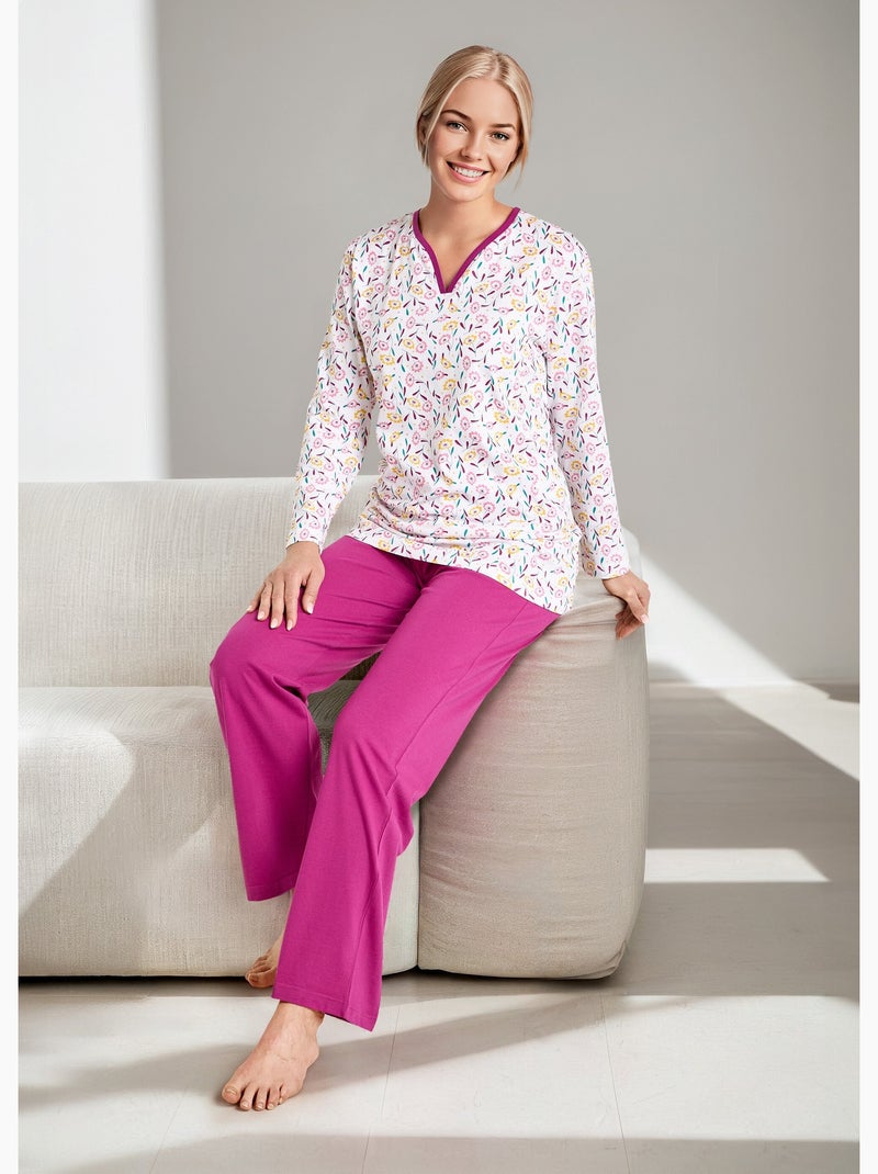 Pyjama col V imprimé manches longues coton - Afibel Prune - Kiabi