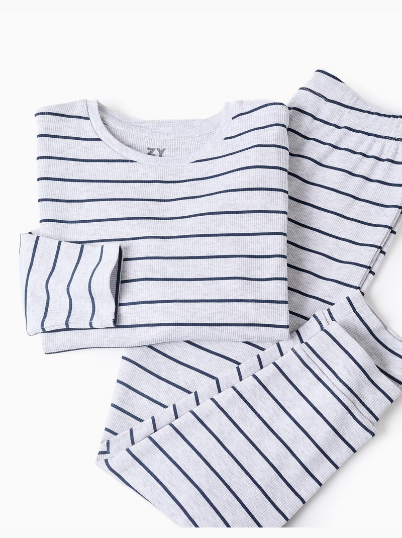 Pyjama côtelé à manches longues et rayures Gris - Kiabi